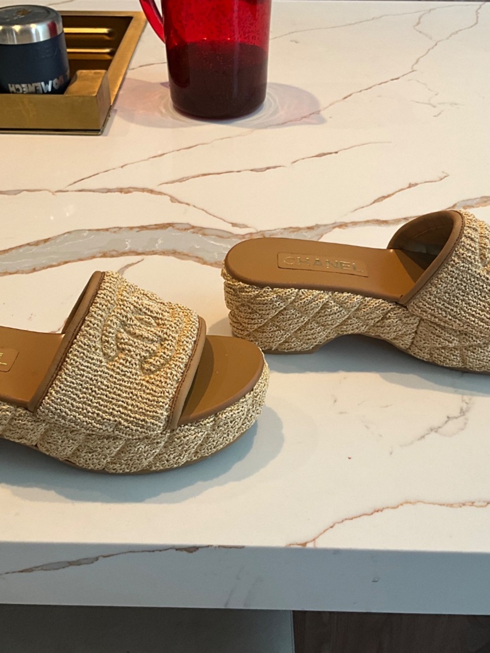 CHANEL Tan Raffia Slide Clogs with Embossed CC - Picture 7 of 9